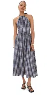 Rosie Assoulin Halter In The Name Of Love Gathered Checked Seersucker Midi Dress In Blue