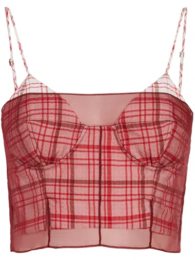 Rosie Assoulin I Sheer Right Through You Plaid Crop Top In Red/brown/