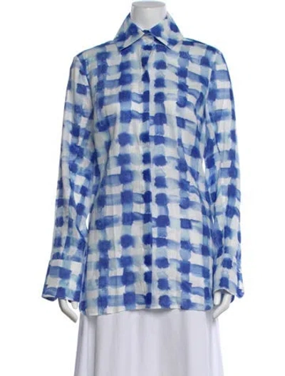 Pre-owned Rosie Assoulin Linen Plaid Print Blouse In Blue