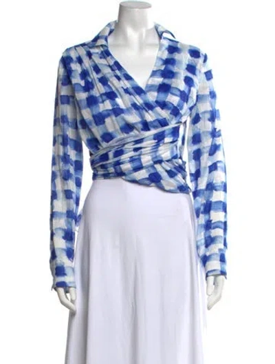 Pre-owned Rosie Assoulin Linen Plaid Print Top In Blue