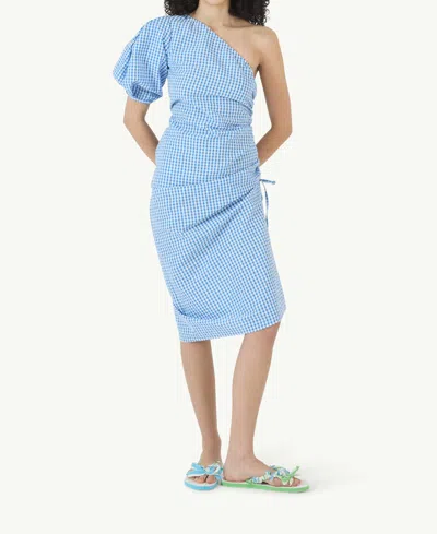 Rosie Assoulin One Shoulder Puff Sleeve Dress In Blue Gingham In Multi