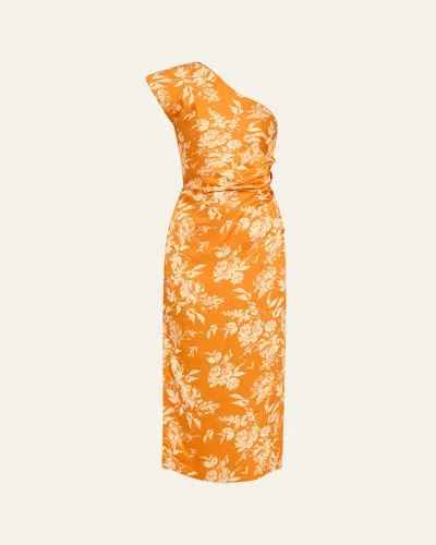 Rosie Assoulin Pad Me One-shoulder Floral Draped Midi Dress In Orange