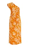 Rosie Assoulin Pad Me One-shoulder Floral Draped Midi Dress In Orange