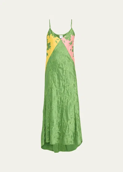 Rosie Assoulin Patchwork Satin Jacquard Midi Slip Dress In Grass Green