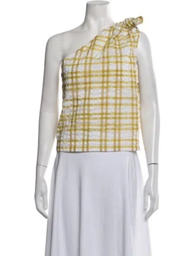 Pre-owned Rosie Assoulin Plaid Print One-shoulder Top In White/yellow