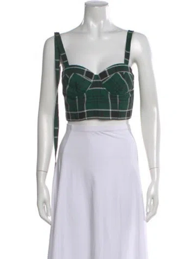 Pre-owned Rosie Assoulin Plaid Print Square Neckline Crop Top In Green