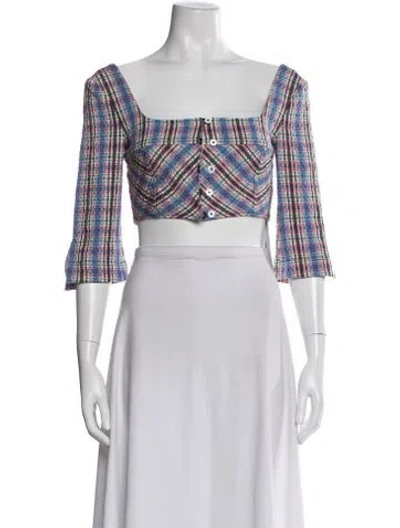 Pre-owned Rosie Assoulin Plaid Print Square Neckline Crop Top In White