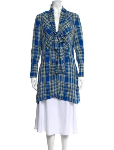 Pre-owned Rosie Assoulin Plaid Print Tie Neck Tunic In Blue/yellow