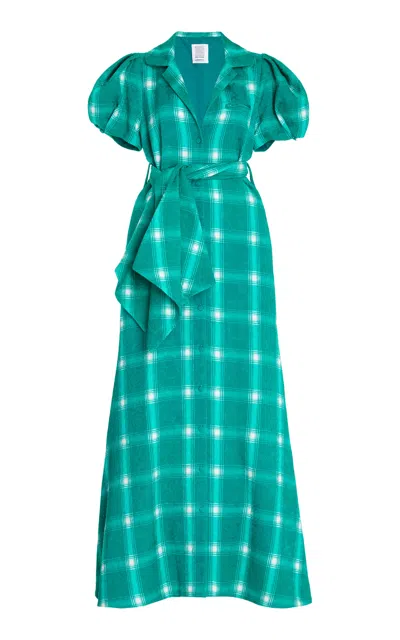 Rosie Assoulin Puff-sleeve Plaid Maxi Dress In Green