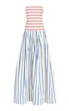 Rosie Assoulin Strapless Pleated Striped Herringbone Cotton-blend Maxi Dress In Blue Stripe