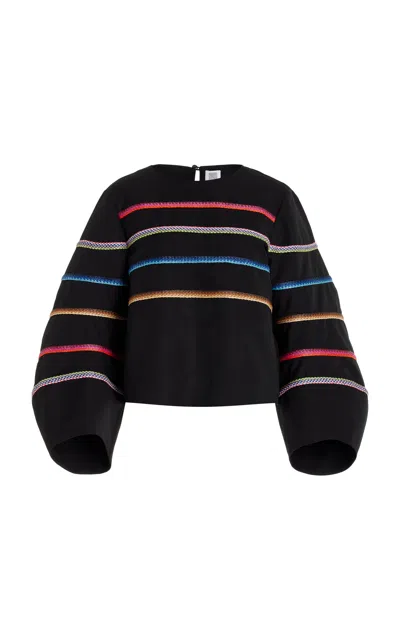 Rosie Assoulin Striped Raffia Cotton Top In Black