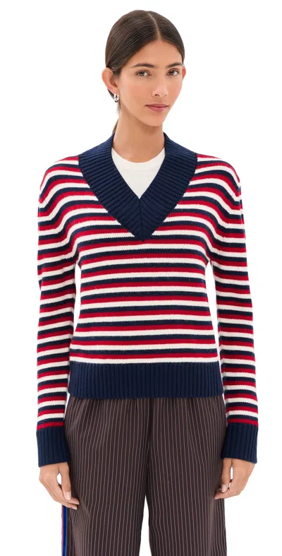 Rosie Assoulin Striped V Neck Wool Sweater Red/blue
