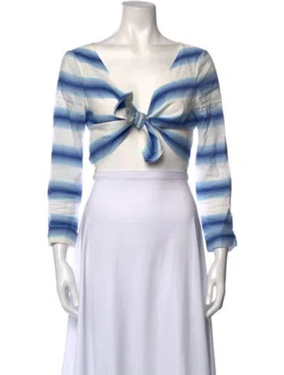 Pre-owned Rosie Assoulin Striped V-neck Crop Top In Blue/white
