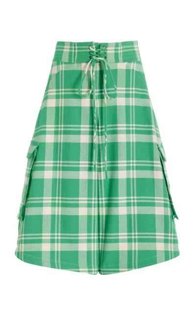Rosie Assoulin Surf Plaid Lace-up Cotton Knee-length Shorts In Green