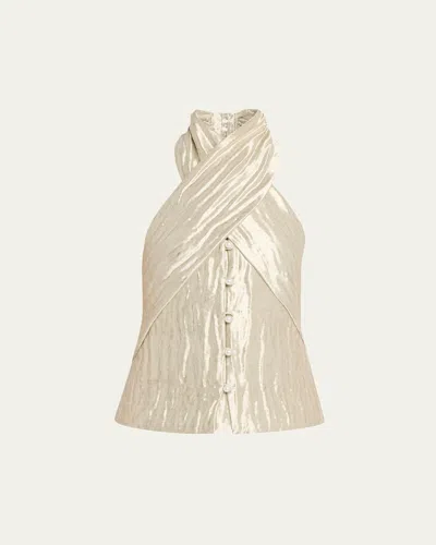Rosie Assoulin Twisted Metallic Halter Top In White