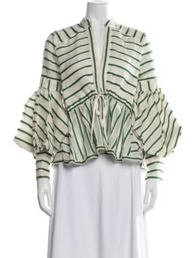 Pre-owned Rosie Assoulin Virgin Wool Striped Blouse In Green/neutrals