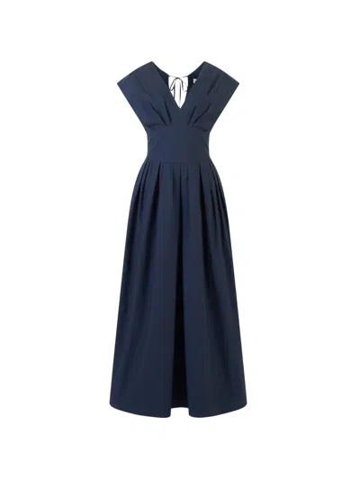 Rosie Assoulin V-neck Pleated Midi Dress In Blue