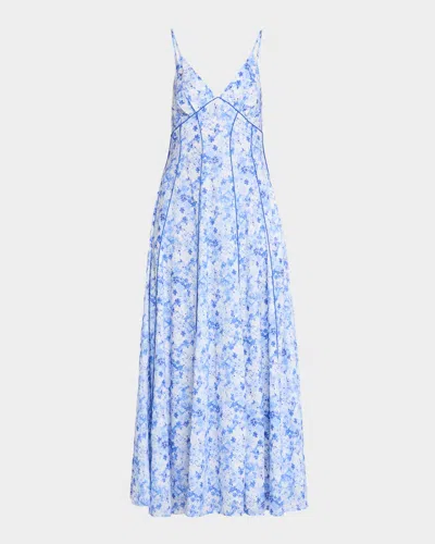 Rosie Assoulin Watercolor Floral-print Piped Cami Maxi Dress In Blue