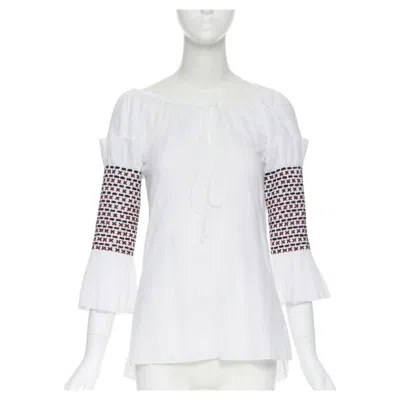 Pre-owned Rosie Assoulin White Ethnic Embroidery Smocked Sleeves Off Shoulder Top Us0