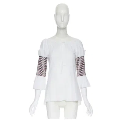 Pre-owned Rosie Assoulin White Ethnic Embroidery Smocked Sleeves Off Shoulder Top Us4