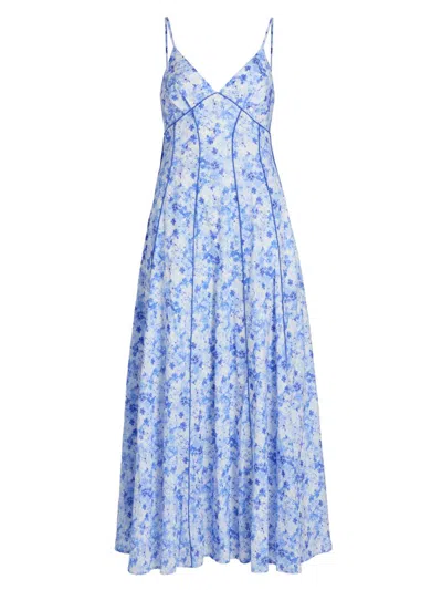 Rosie Assoulin Watercolor Floral-print Piped Cami Maxi Dress In Blue