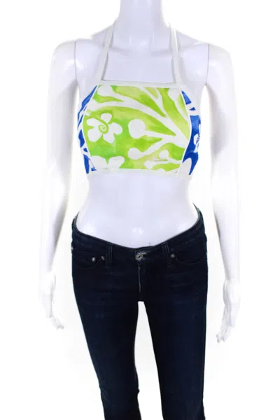 Rosie Assoulin Womens O'delia Floral Halter Crop Top Blouse Blue Green In Multi