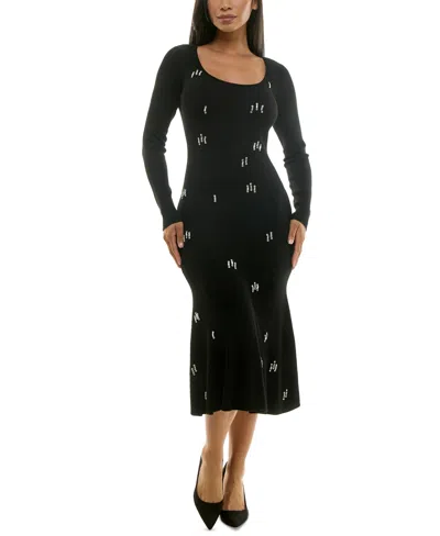 Rosie Harlow Juniors' Ribbed Rhinestone-embellished Sweater Dress In Black Beau