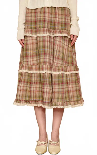 Rosie Posie Lace Trim Plaid Midi Skirt In Multi In Brown