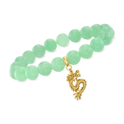 Ross-simons 10-10.5mm Jade Bead Stretch Bracelet With 18kt Gold Over Sterling Dragon Charm In Green