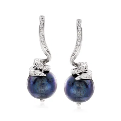 Ross-simons 10-11mm Black Cultured Pearl And . Diamond Drop Earrings In Sterling Silver In White