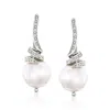 Ross-simons 10.5-11mm Cultured Pearl And . Diamond Drop Earrings In Sterling Silver In White