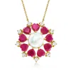 Ross-simons 10.5-11mm Cultured Pearl And Ruby Necklace With . White Topaz In 18kt Gold Over Sterling In Multi