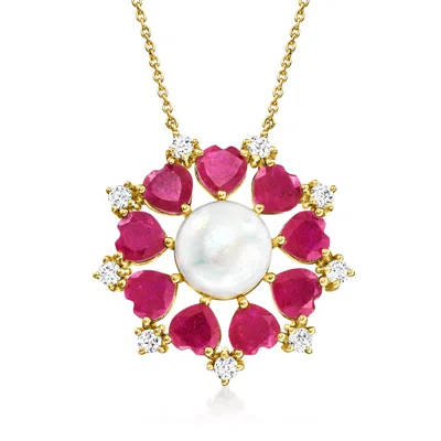 Ross-simons 10.5-11mm Cultured Pearl And Ruby Necklace With . White Topaz In 18kt Gold Over Sterling In Multi