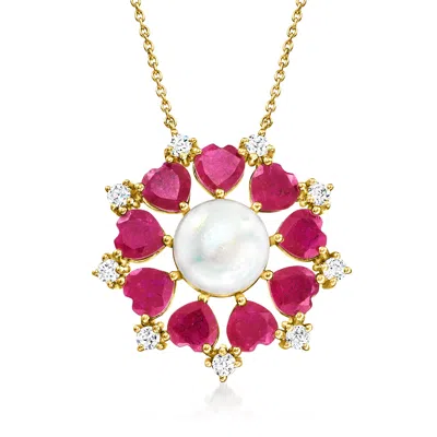 Ross-simons 10.5-11mm Cultured Pearl And Ruby Necklace With . White Topaz In 18kt Gold Over Sterling In Pink