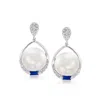Ross-simons 10.5-11mm Cultured Pearl And . Sapphire Drop Earrings With Diamond Accents In 14kt White Gold In Silver