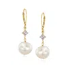 Ross-simons 10.5-11mm Cultured Pearl Drop Earrings With Diamond Accents In 14kt Yellow Gold In Silver