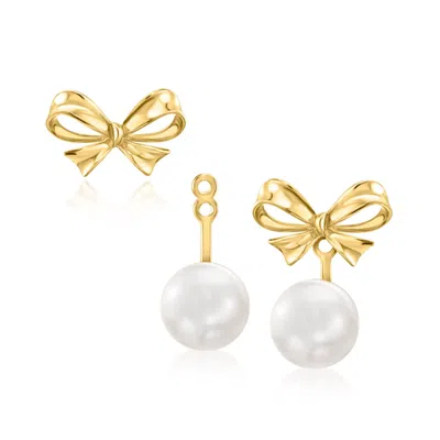 Ross-simons 10kt Yellow Gold Bow Earrings With Removable 6-6.5mm Cultured Pearl Drops