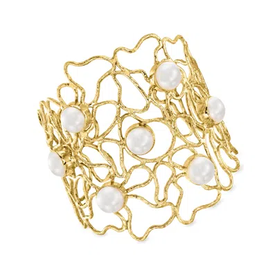 Ross-simons 10mm Cultured Pearl Openwork Cuff Bracelet In 18kt Gold Over Sterling In Multi