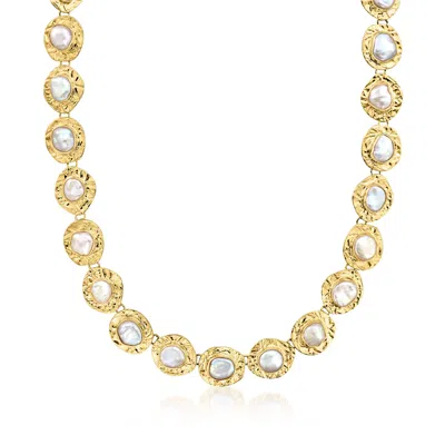 Ross-simons 10x12mm Bezel-set Cultured Baroque Pearl Disc Necklace In 18kt Gold Over Sterling In Silver