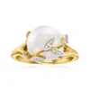 Ross-simons 11-11.5mm Cultured Pearl Leaf Ring With Diamond Accents In 18kt Gold Over Sterling In White