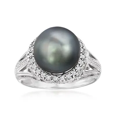 Ross-simons 11-12mm Black Cultured Tahitian Pearl Ring With . White Topaz In Sterling Silver In Metallic