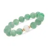 Ross-simons 11-12mm Cultured Pearl And Carved Green Jade Chinese "dragon" Bead Stretch Bracelet With 14kt Gold In Multi