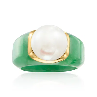 Ross-simons 11.5-12mm Cultured Pearl And Jade Ring With 14kt Yellow Gold