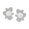 Ross-simons 11mm Shell Pearl And Cz Floral Earrings In Sterling Silver In White