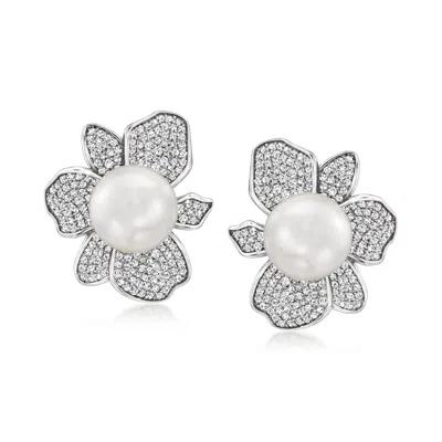 Ross-simons 11mm Shell Pearl And Cz Floral Earrings In Sterling Silver In White