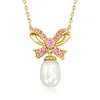 Ross-simons 11x8.5mm Cultured Pearl And . Pink Sapphire Bow Necklace In 18kt Gold Over Sterling In Pink