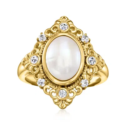 Ross-simons 11x8mm Cultured Pearl And . White Zircon Ring In 18kt Gold Over Sterling