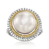 Ross-simons 12-12.5mm Cultured Pearl Roped-edge Ring In Sterling Silver And 14kt Yellow Gold