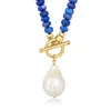 Ross-simons 12-13mm Cultured Baroque Pearl And 5-5.5mm Lapis Bead Toggle Necklace In 18kt Gold Over Sterling In Multi