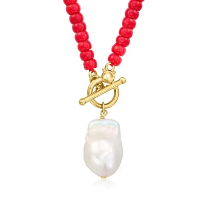 Ross-simons 12-13mm Cultured Baroque Pearl And 5-5.5mm Red Coral Bead Toggle Necklace In 18kt Gold Over Sterling In Multi